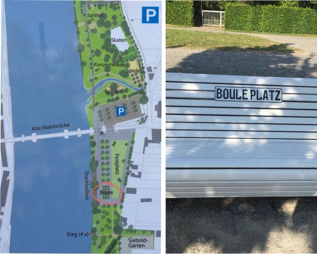 Plan des Geländes und Bank mit Aufschrift "Bouleplatz"
